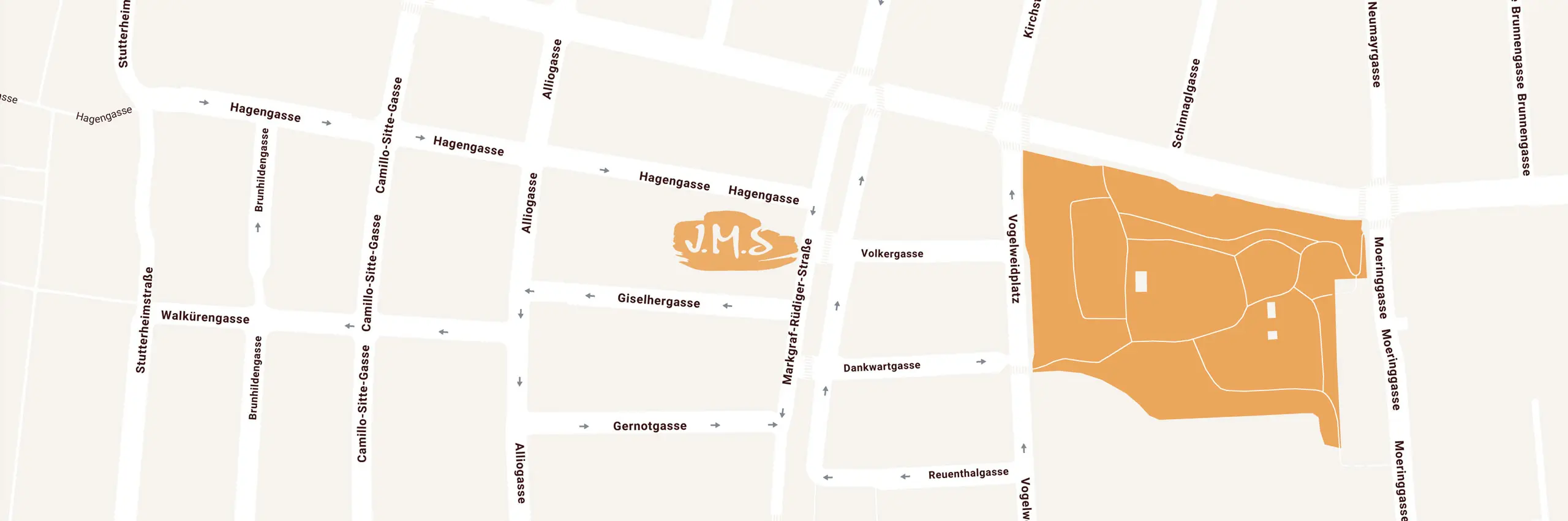 Lageplan der JMS Sportphysiotherapie Wien im Bereich Hagengasse, nahe Vogelweidplatz